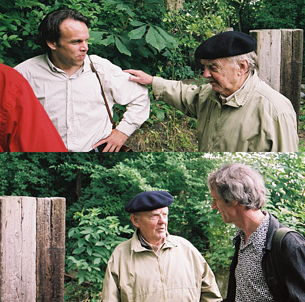 Louis Le Roy, Rob Hendriks en Piet Vollaard in de Le Roy tuin in Heerenveen